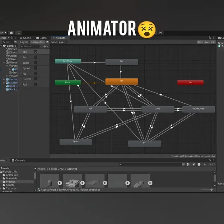 Unity Animator graph for idle, run, sprint, jump, double jump, fly, and fall states