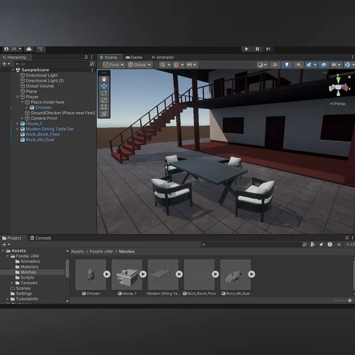 Unity environment blockout with house, stairs, table, and chairs