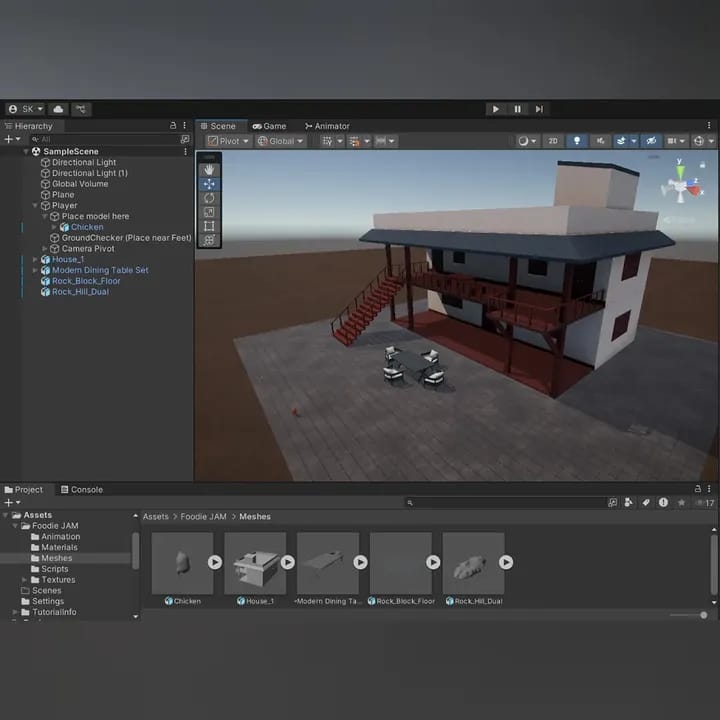 Wide Unity editor view of the Foodie JAM level blockout