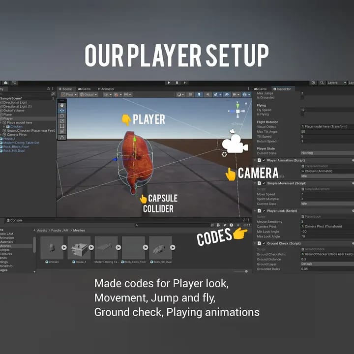 Unity player setup with camera, capsule collider, and C sharp movement components