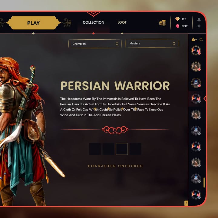 Persian Warrior character biography, currencies, and unlocked state