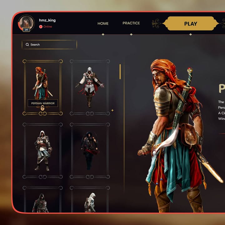 Detailed character roster and Persian Warrior selection state