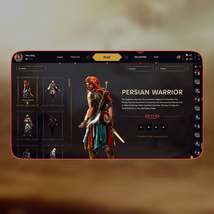 Persian Warrior character selection interface with the chosen fighter and roster