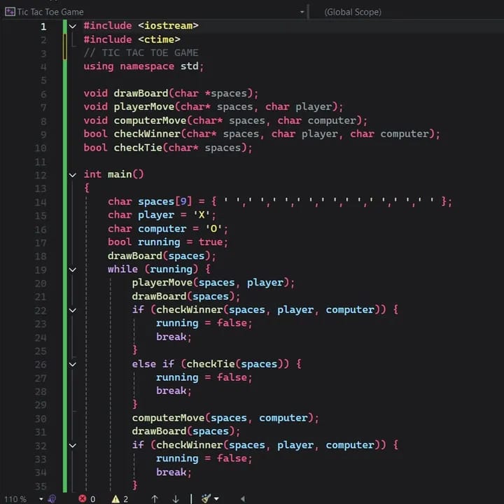 C++ Tic-Tac-Toe main game loop and function declarations