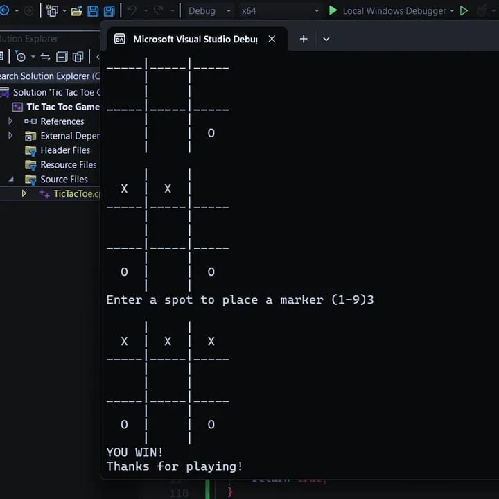 Terminal board showing a completed player win
